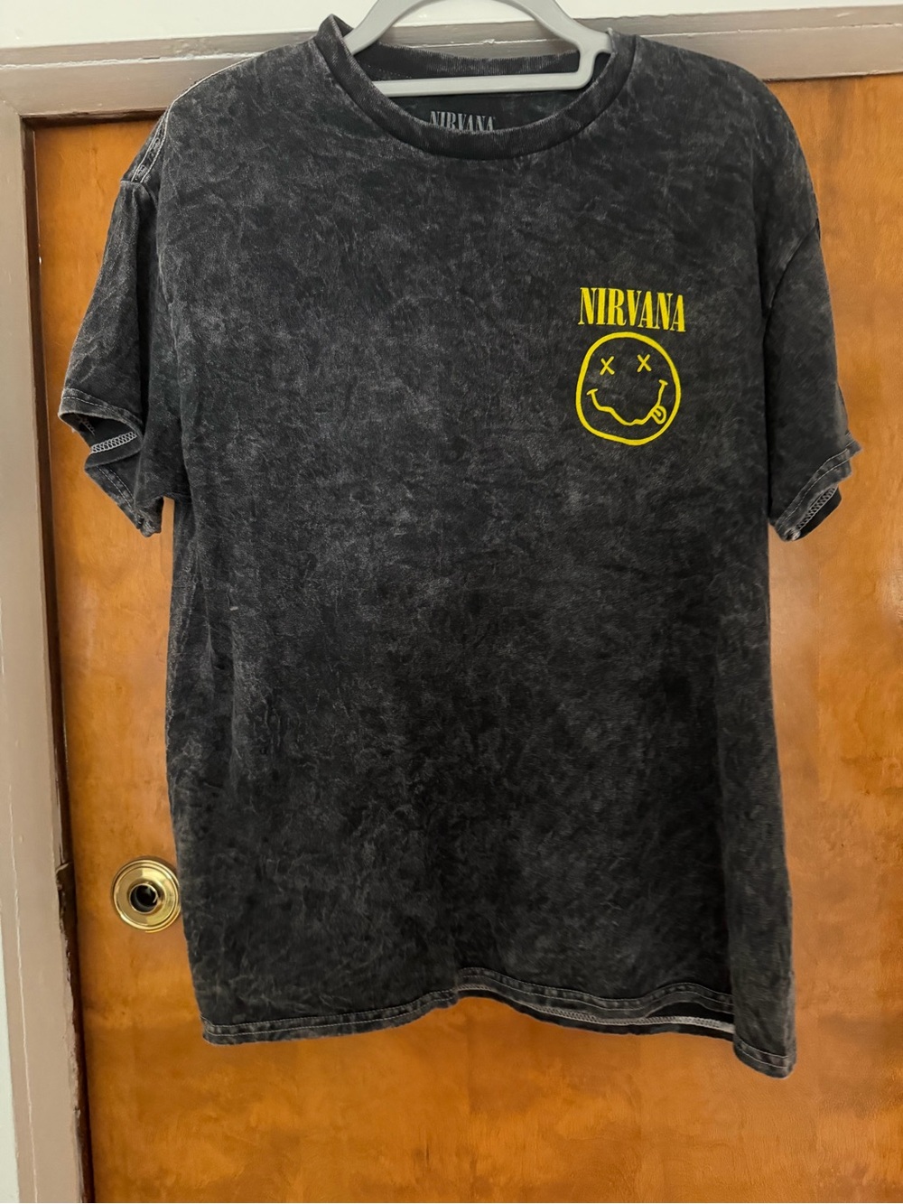 NIRVANA Black Acid-Wash Short Sleeve Tee with Yellow Logo